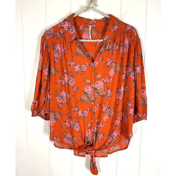 Free People Celia Floral Print Tie Front Button Up Short Sleeve Blouse Orange L - Picture 2 of 9